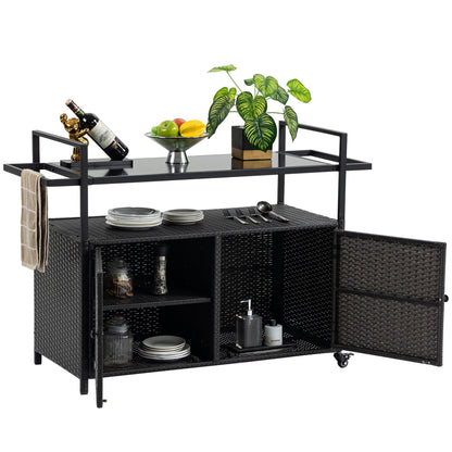 Outdoor Wicker Bar Cart, Patio Wine Serving Cart w/Wheels, Rolling Rattan Beverage Bar Counter Table w/Glass Top for Porch Backyard Garden Poolside Party, Black - 1st Choice Furniture Direct