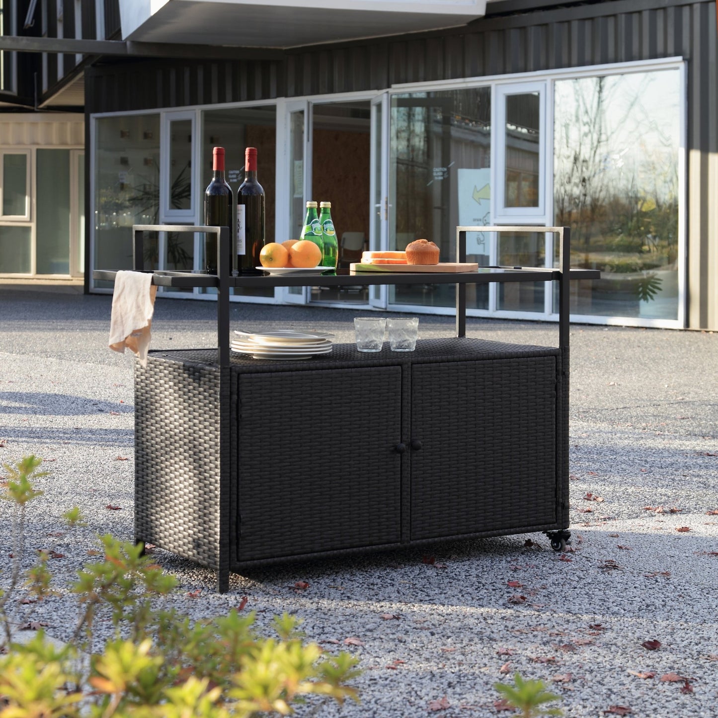 Outdoor Wicker Bar Cart, Patio Wine Serving Cart w/Wheels, Rolling Rattan Beverage Bar Counter Table w/Glass Top for Porch Backyard Garden Poolside Party, Black - 1st Choice Furniture Direct
