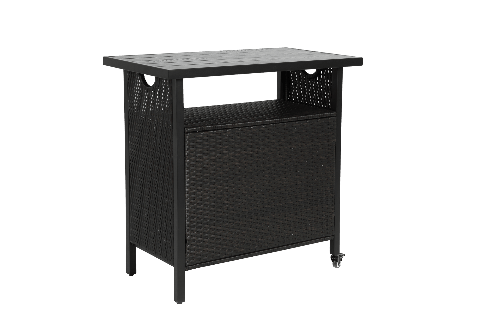 Outdoor Wicker Bar Cart, Patio Wine Serving Cart w/Wheels , Rolling Rattan Beverage Bar Counter Table w/Glass Top for Porch Backyard Garden Poolside Party, Black - 1st Choice Furniture Direct