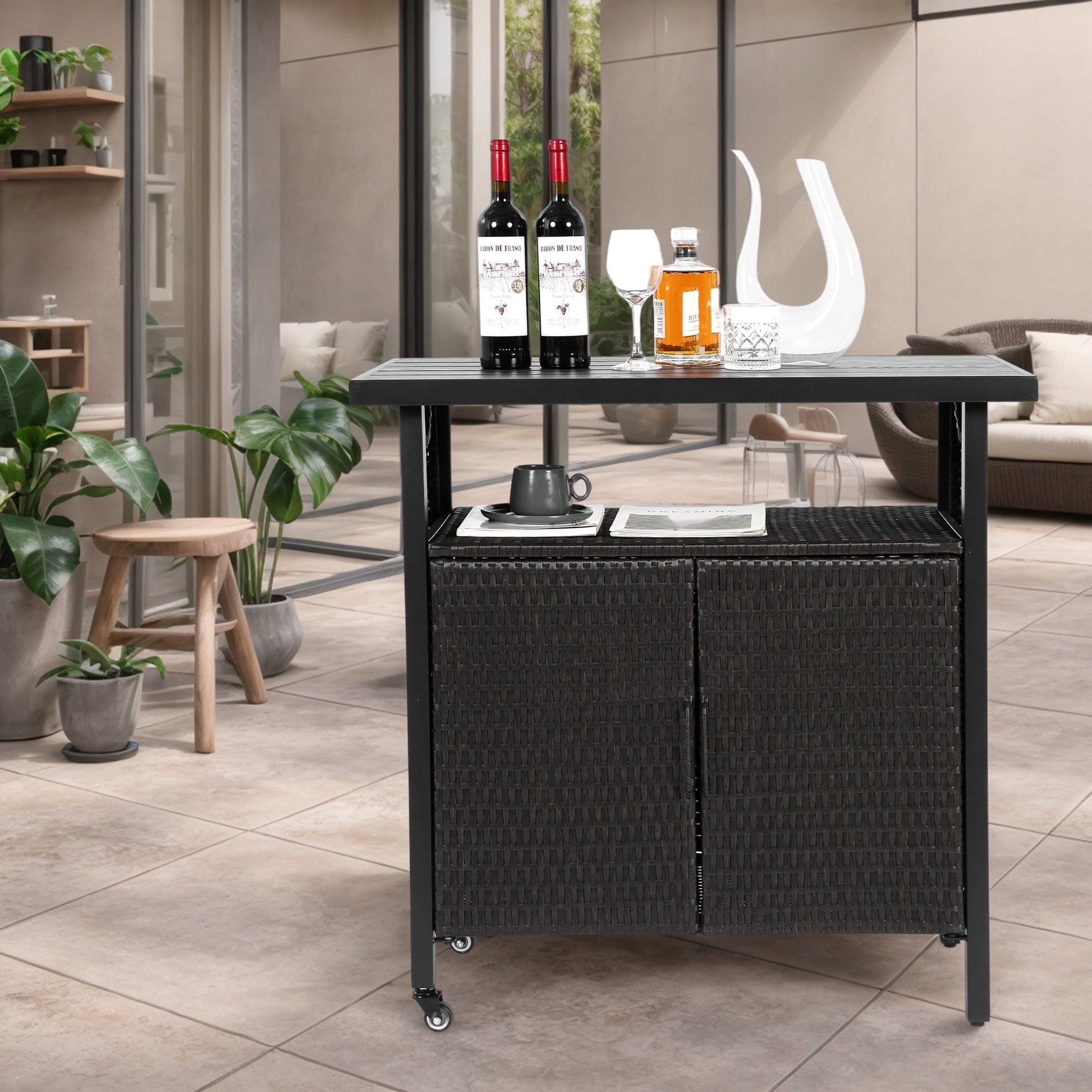 Outdoor Wicker Bar Cart, Patio Wine Serving Cart w/Wheels , Rolling Rattan Beverage Bar Counter Table w/Glass Top for Porch Backyard Garden Poolside Party, Black - 1st Choice Furniture Direct