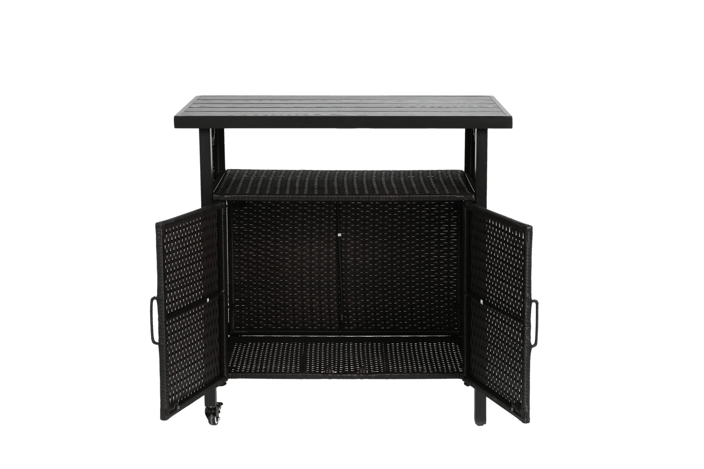 Outdoor Wicker Bar Cart, Patio Wine Serving Cart w/Wheels , Rolling Rattan Beverage Bar Counter Table w/Glass Top for Porch Backyard Garden Poolside Party, Black - 1st Choice Furniture Direct