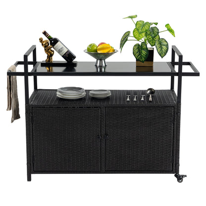 Outdoor Wicker Bar Cart, Patio Wine Serving Cart w/Wheels, Rolling Rattan Beverage Bar Counter Table w/Glass Top for Porch Backyard Garden Poolside Party, Black - 1st Choice Furniture Direct