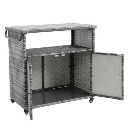 Outdoor Wicker Bar Cart, Patio Wine Serving Cart w/Wheels , Rolling Rattan Beverage Bar Counter Table w/Glass Top for Porch Backyard Garden Poolside Party, Light brown - 1st Choice Furniture Direct