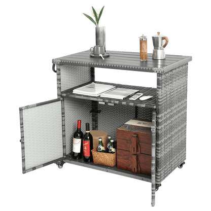 Outdoor Wicker Bar Cart, Patio Wine Serving Cart w/Wheels , Rolling Rattan Beverage Bar Counter Table w/Glass Top for Porch Backyard Garden Poolside Party, Light brown - 1st Choice Furniture Direct
