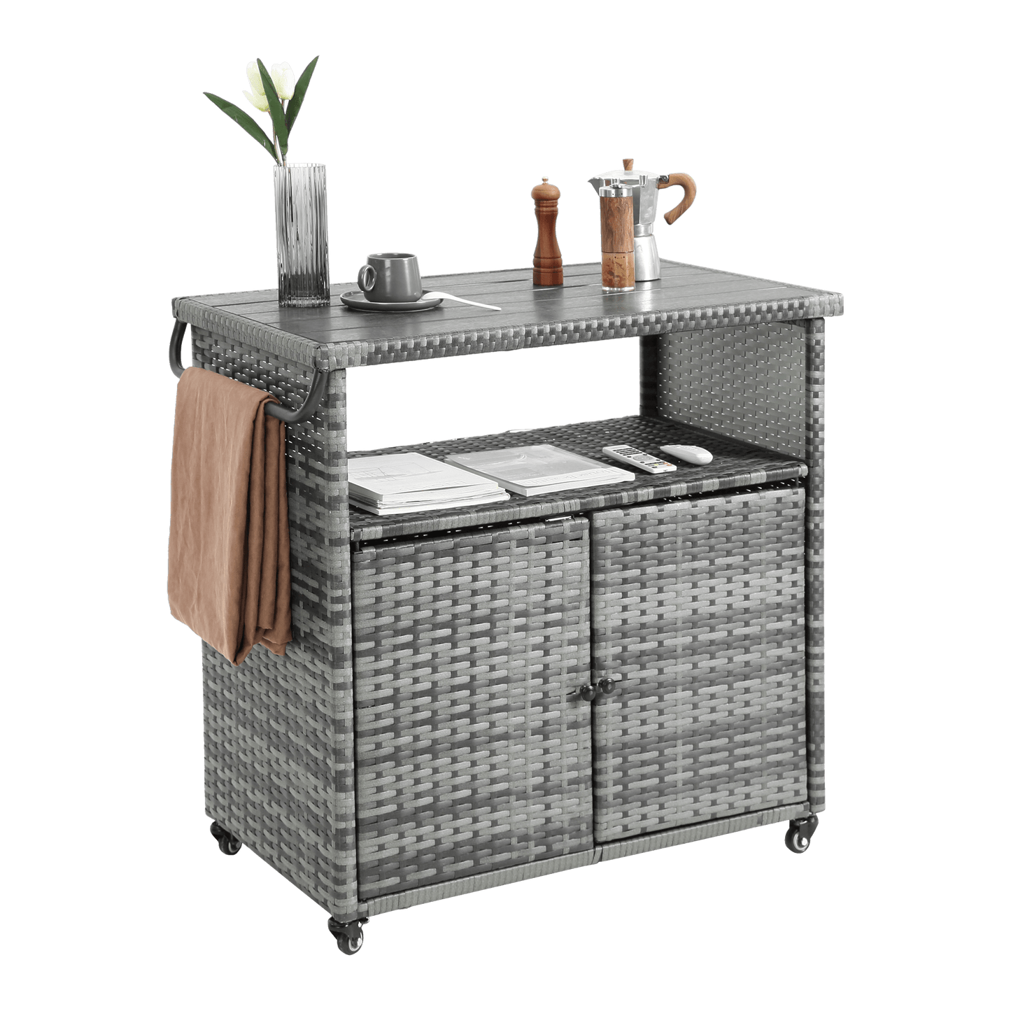 Outdoor Wicker Bar Cart, Patio Wine Serving Cart w/Wheels , Rolling Rattan Beverage Bar Counter Table w/Glass Top for Porch Backyard Garden Poolside Party, Light brown - 1st Choice Furniture Direct