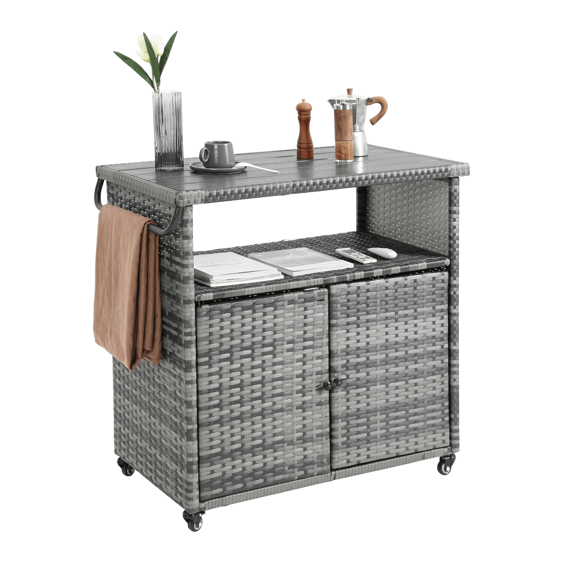 Outdoor Wicker Bar Cart, Patio Wine Serving Cart w/Wheels , Rolling Rattan Beverage Bar Counter Table w/Glass Top for Porch Backyard Garden Poolside Party, Light brown - 1st Choice Furniture Direct