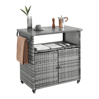 Outdoor Wicker Bar Cart, Patio Wine Serving Cart w/Wheels , Rolling Rattan Beverage Bar Counter Table w/Glass Top for Porch Backyard Garden Poolside Party, Light brown - 1st Choice Furniture Direct