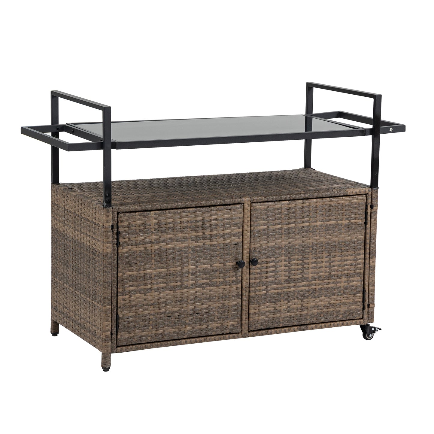 Outdoor Wicker Bar Cart, Patio Wine Serving Cart w/Wheels , Rolling Rattan Beverage Bar Counter Table w/Glass Top for Porch Backyard Garden Poolside Party, Light brown - 1st Choice Furniture Direct