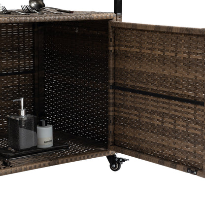 Outdoor Wicker Bar Cart, Patio Wine Serving Cart w/Wheels , Rolling Rattan Beverage Bar Counter Table w/Glass Top for Porch Backyard Garden Poolside Party, Light brown - 1st Choice Furniture Direct