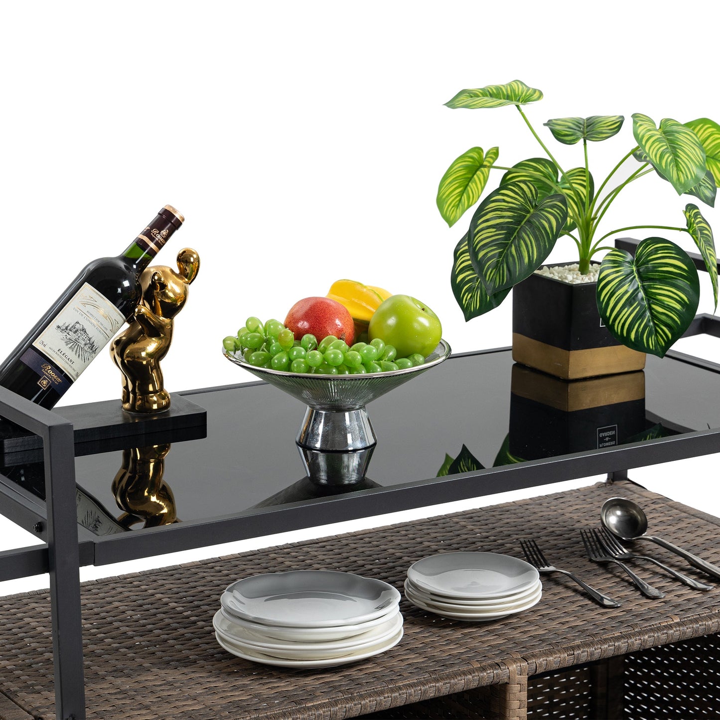 Outdoor Wicker Bar Cart, Patio Wine Serving Cart w/Wheels , Rolling Rattan Beverage Bar Counter Table w/Glass Top for Porch Backyard Garden Poolside Party, Light brown - 1st Choice Furniture Direct
