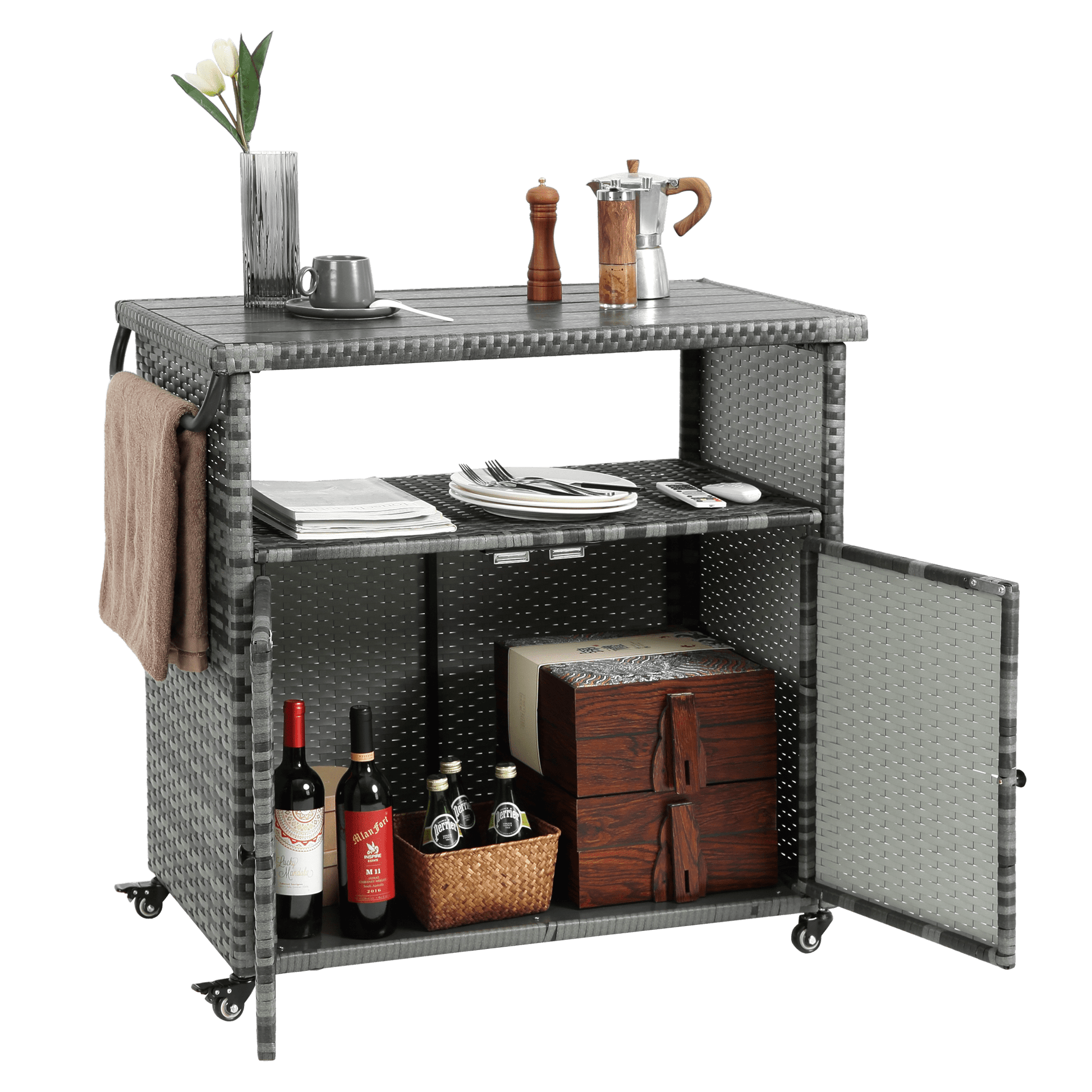 Outdoor Wicker Bar Cart, Patio Wine Serving Cart w/Wheels , Rolling Rattan Beverage Bar Counter Table w/Glass Top for Porch Backyard Garden Poolside Party, Light brown - 1st Choice Furniture Direct