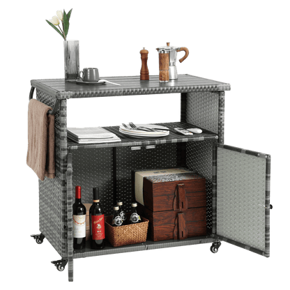 Outdoor Wicker Bar Cart, Patio Wine Serving Cart w/Wheels , Rolling Rattan Beverage Bar Counter Table w/Glass Top for Porch Backyard Garden Poolside Party, Light brown - 1st Choice Furniture Direct