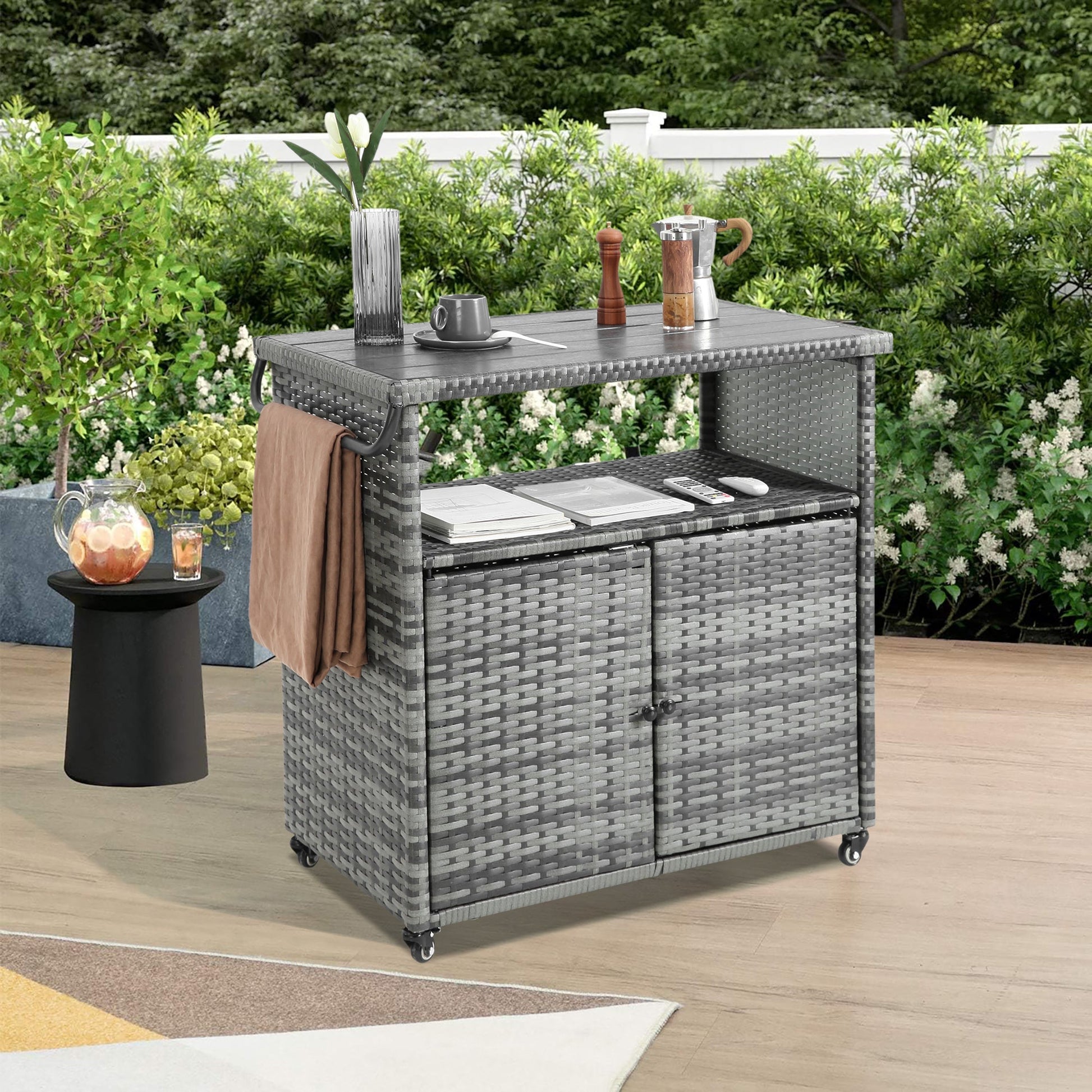 Outdoor Wicker Bar Cart, Patio Wine Serving Cart w/Wheels , Rolling Rattan Beverage Bar Counter Table w/Glass Top for Porch Backyard Garden Poolside Party, Light brown - 1st Choice Furniture Direct