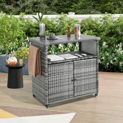Outdoor Wicker Bar Cart, Patio Wine Serving Cart w/Wheels , Rolling Rattan Beverage Bar Counter Table w/Glass Top for Porch Backyard Garden Poolside Party, Light brown - 1st Choice Furniture Direct