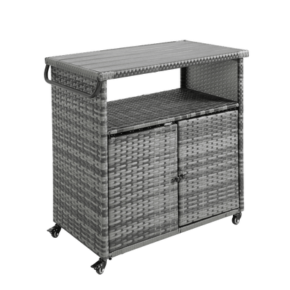 Outdoor Wicker Bar Cart, Patio Wine Serving Cart w/Wheels , Rolling Rattan Beverage Bar Counter Table w/Glass Top for Porch Backyard Garden Poolside Party, Light brown - 1st Choice Furniture Direct
