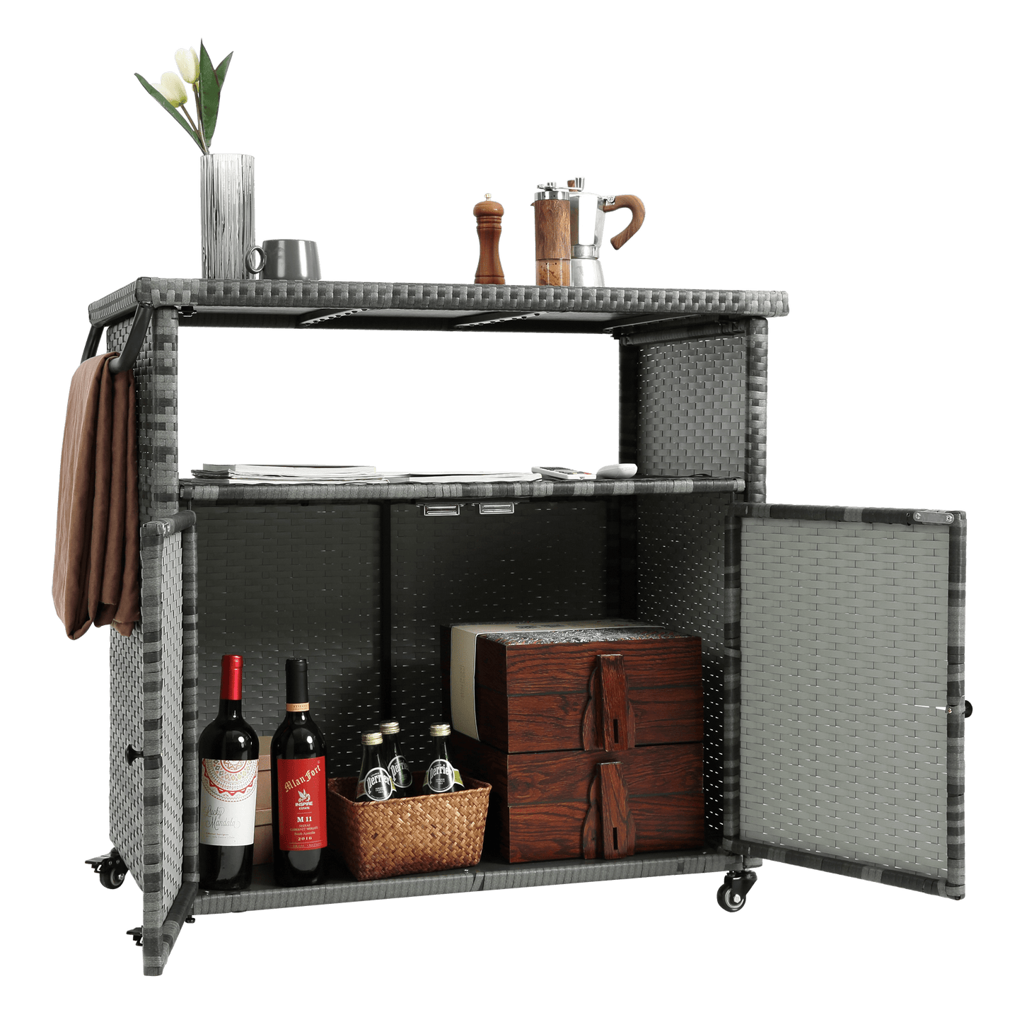 Outdoor Wicker Bar Cart, Patio Wine Serving Cart w/Wheels , Rolling Rattan Beverage Bar Counter Table w/Glass Top for Porch Backyard Garden Poolside Party, Light brown - 1st Choice Furniture Direct