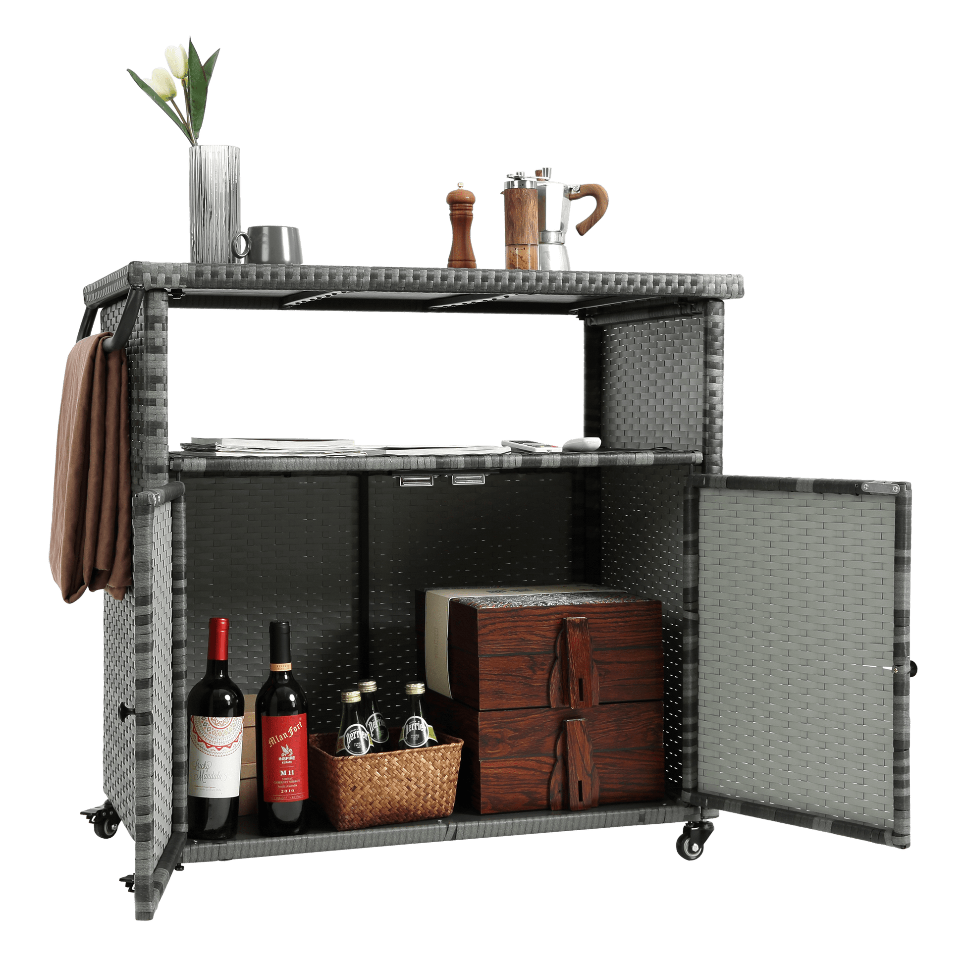 Outdoor Wicker Bar Cart, Patio Wine Serving Cart w/Wheels , Rolling Rattan Beverage Bar Counter Table w/Glass Top for Porch Backyard Garden Poolside Party, Light brown - 1st Choice Furniture Direct