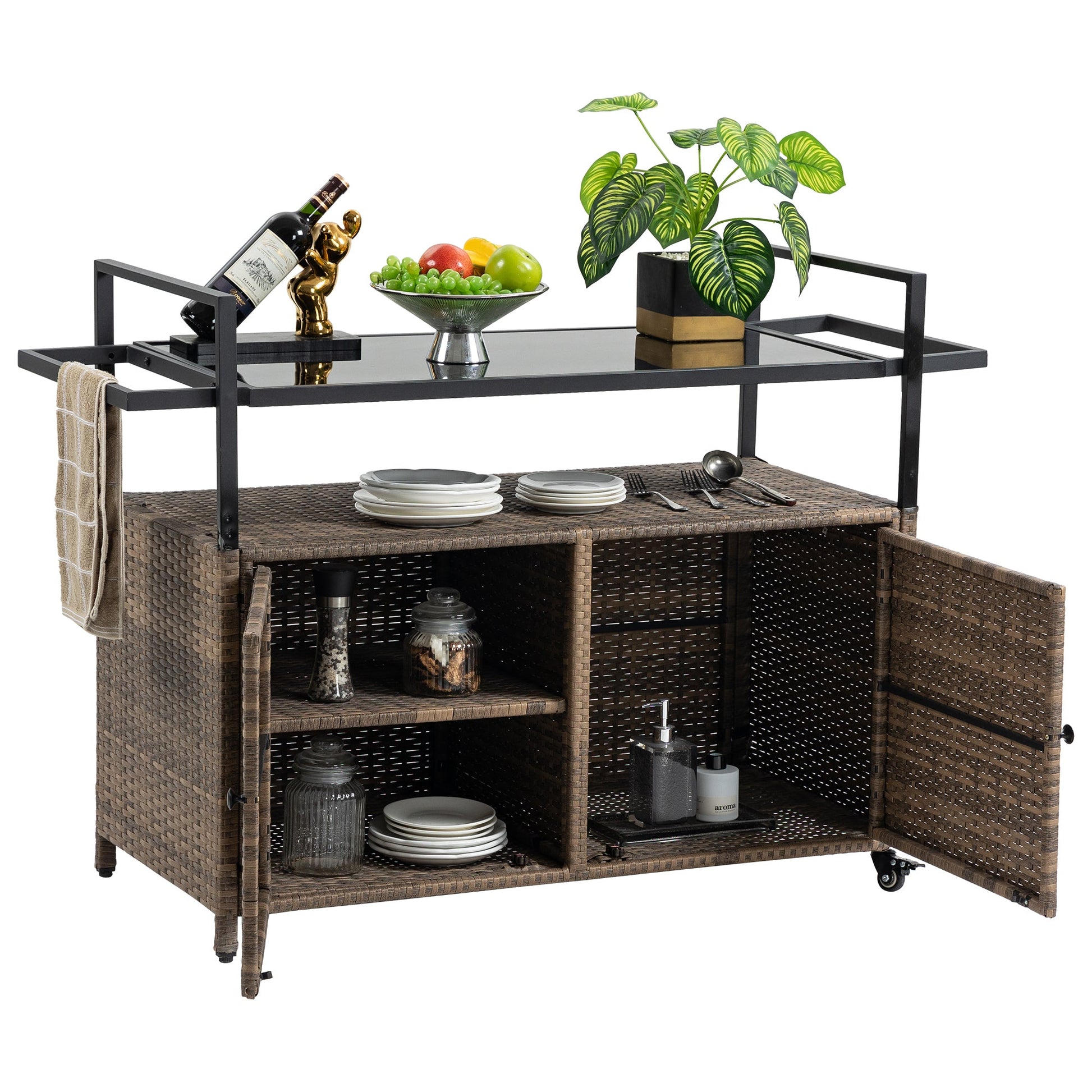 Outdoor Wicker Bar Cart, Patio Wine Serving Cart w/Wheels , Rolling Rattan Beverage Bar Counter Table w/Glass Top for Porch Backyard Garden Poolside Party, Light brown - 1st Choice Furniture Direct