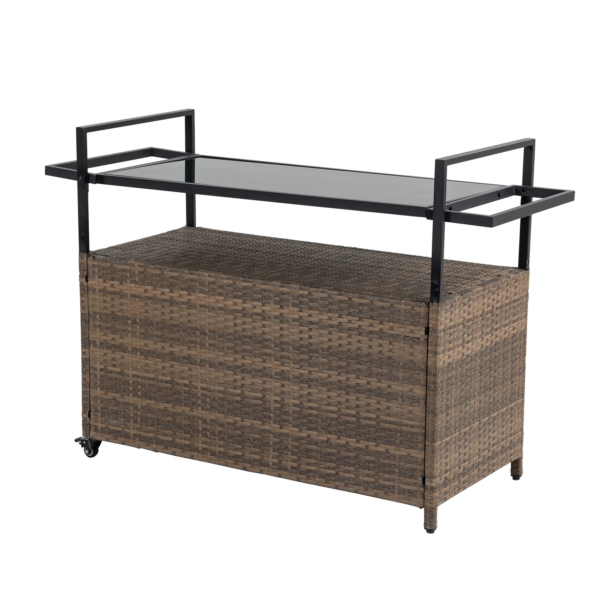 Outdoor Wicker Bar Cart, Patio Wine Serving Cart w/Wheels , Rolling Rattan Beverage Bar Counter Table w/Glass Top for Porch Backyard Garden Poolside Party, Light brown - 1st Choice Furniture Direct