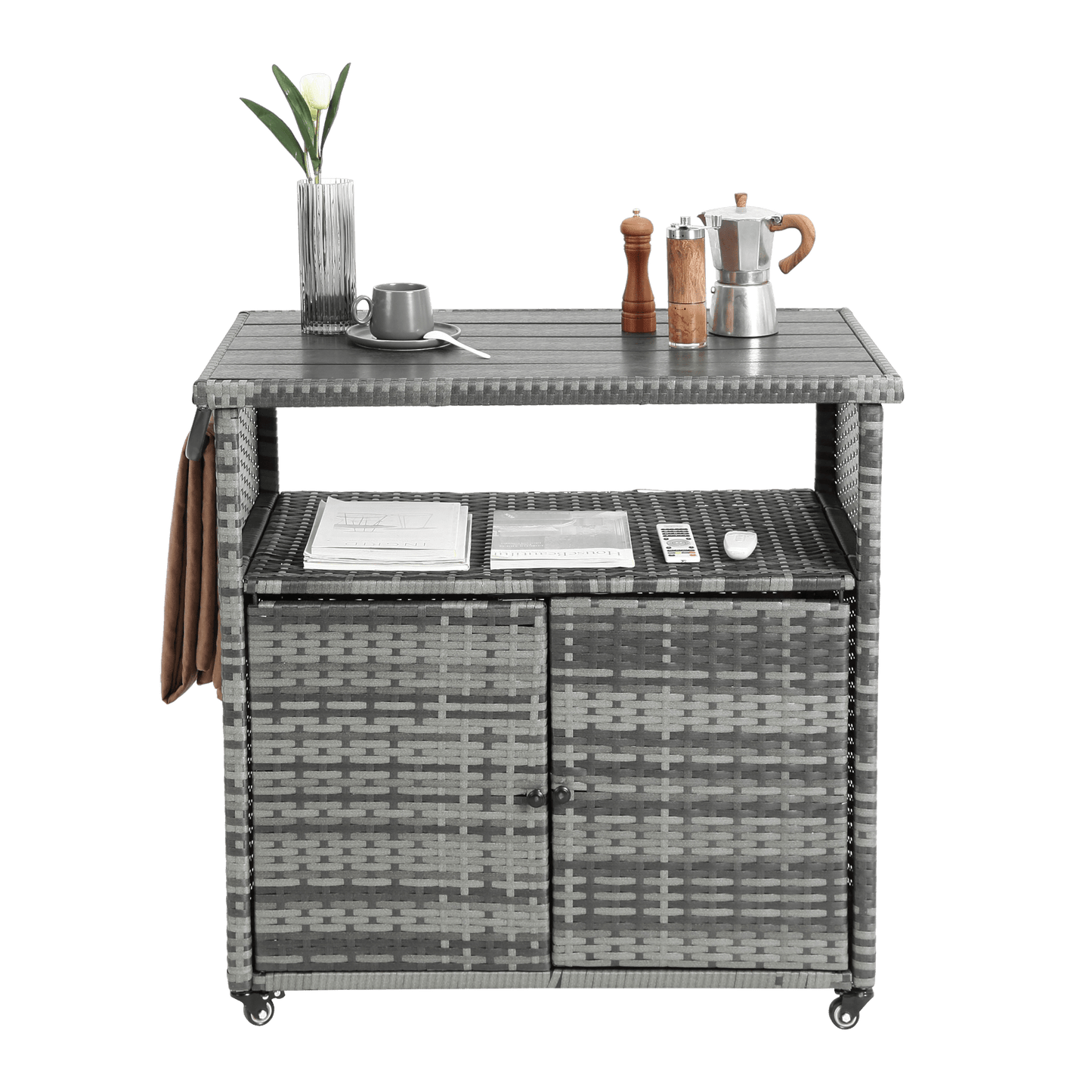 Outdoor Wicker Bar Cart, Patio Wine Serving Cart w/Wheels , Rolling Rattan Beverage Bar Counter Table w/Glass Top for Porch Backyard Garden Poolside Party, Light brown - 1st Choice Furniture Direct