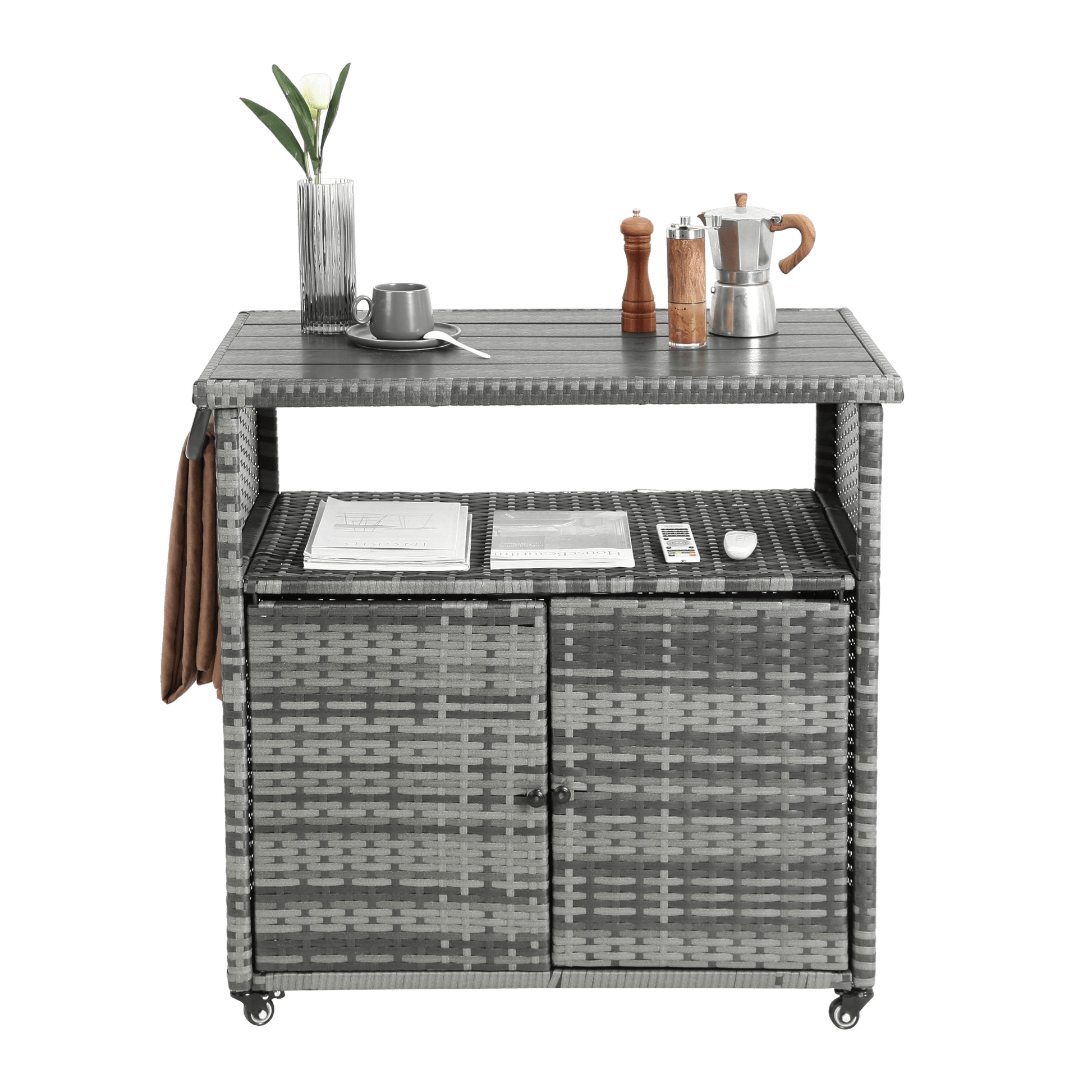 Outdoor Wicker Bar Cart, Patio Wine Serving Cart w/Wheels , Rolling Rattan Beverage Bar Counter Table w/Glass Top for Porch Backyard Garden Poolside Party, Light brown - 1st Choice Furniture Direct