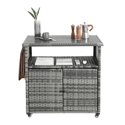 Outdoor Wicker Bar Cart, Patio Wine Serving Cart w/Wheels , Rolling Rattan Beverage Bar Counter Table w/Glass Top for Porch Backyard Garden Poolside Party, Light brown - 1st Choice Furniture Direct