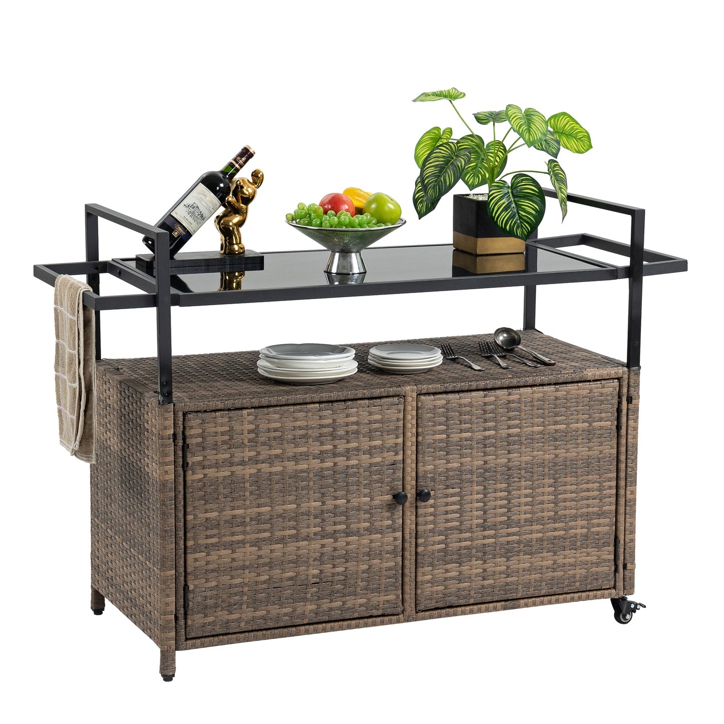 Outdoor Wicker Bar Cart, Patio Wine Serving Cart w/Wheels , Rolling Rattan Beverage Bar Counter Table w/Glass Top for Porch Backyard Garden Poolside Party, Light brown - 1st Choice Furniture Direct