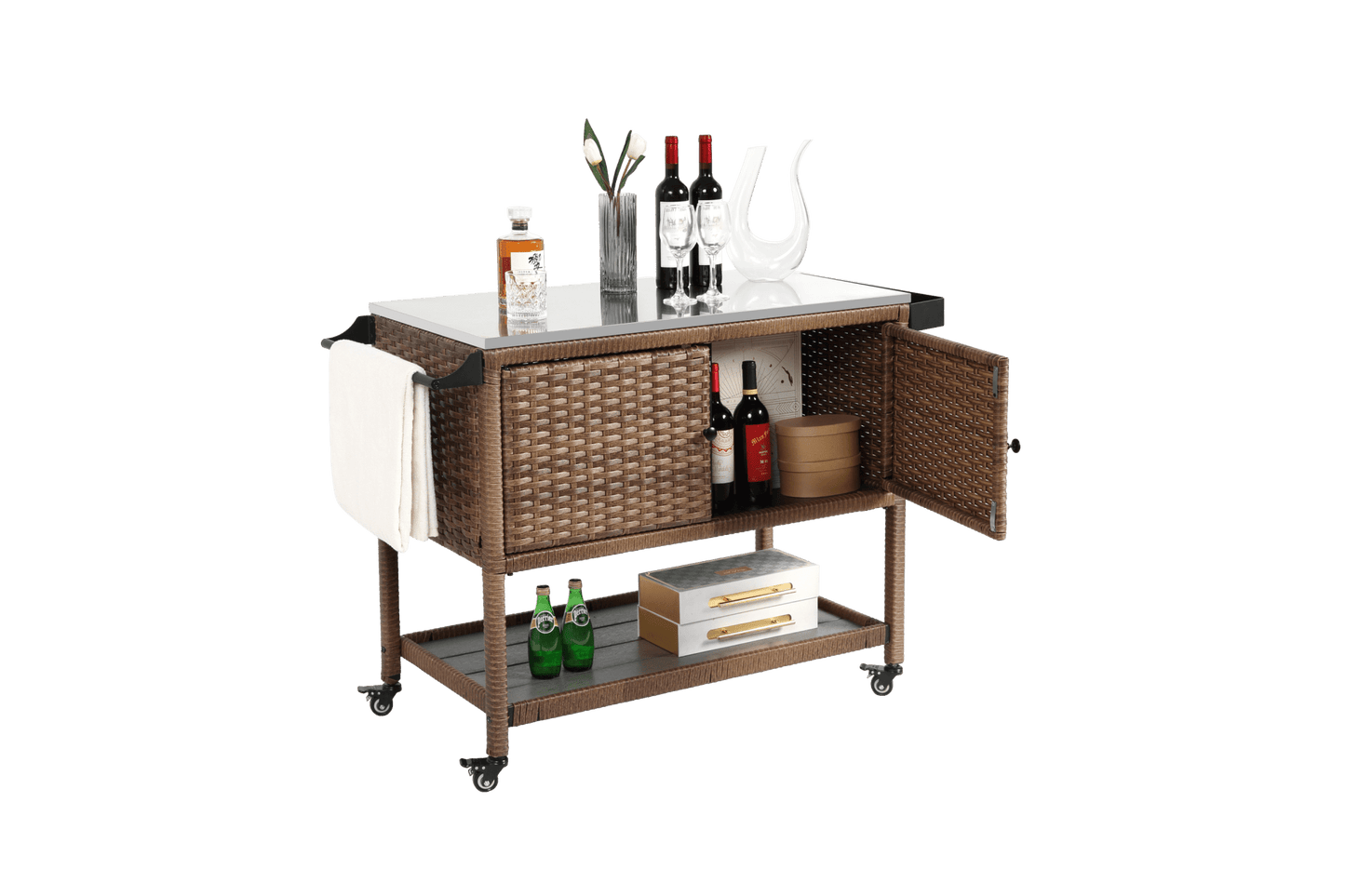 Outdoor Wicker Bar Cart, Patio Wine Serving Cart w/Wheels, Rolling Rattan Beverage Bar Counter Table with stainless steel Top for Porch Backyard Garden Poolside Party, Brown - 1st Choice Furniture Direct