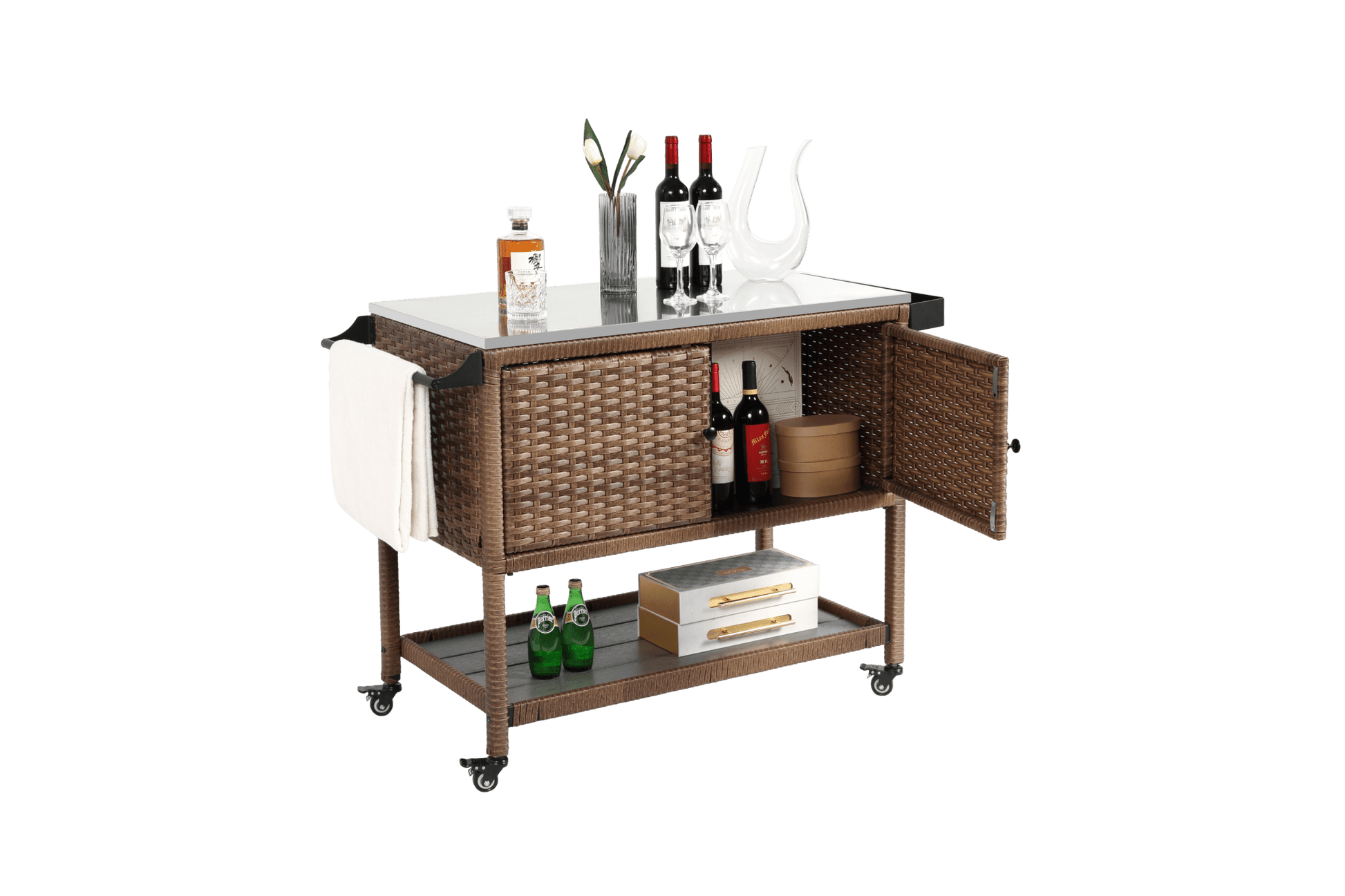 Outdoor Wicker Bar Cart, Patio Wine Serving Cart w/Wheels, Rolling Rattan Beverage Bar Counter Table with stainless steel Top for Porch Backyard Garden Poolside Party, Brown - 1st Choice Furniture Direct