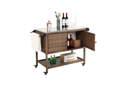 Outdoor Wicker Bar Cart, Patio Wine Serving Cart w/Wheels, Rolling Rattan Beverage Bar Counter Table with stainless steel Top for Porch Backyard Garden Poolside Party, Brown - 1st Choice Furniture Direct