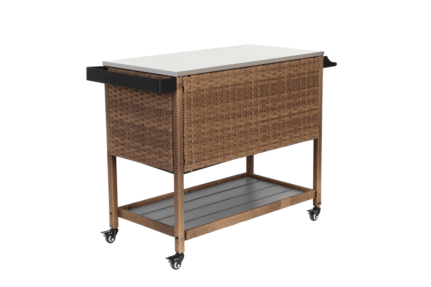 Outdoor Wicker Bar Cart, Patio Wine Serving Cart w/Wheels, Rolling Rattan Beverage Bar Counter Table with stainless steel Top for Porch Backyard Garden Poolside Party, Brown - 1st Choice Furniture Direct