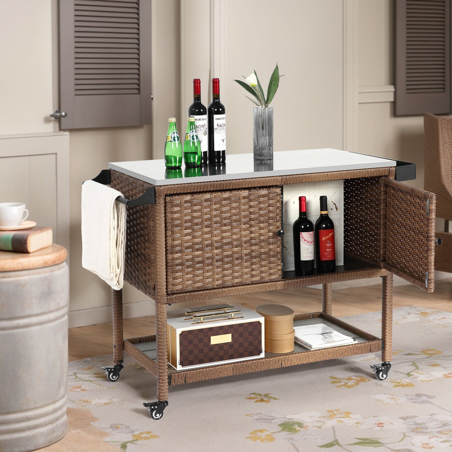 Outdoor Wicker Bar Cart, Patio Wine Serving Cart w/Wheels, Rolling Rattan Beverage Bar Counter Table with stainless steel Top for Porch Backyard Garden Poolside Party, Brown - 1st Choice Furniture Direct