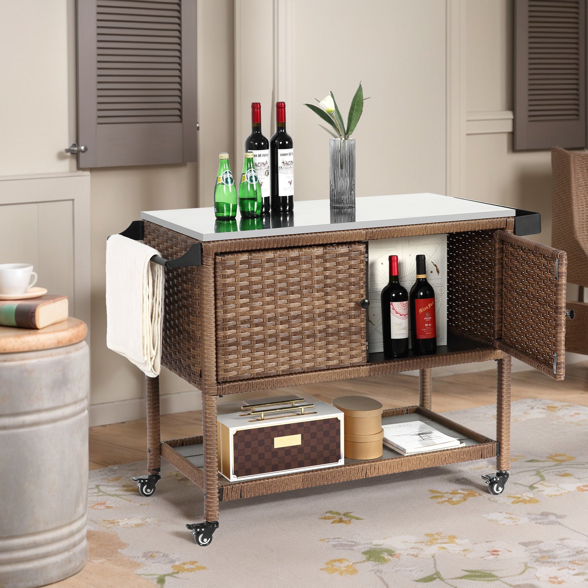 Outdoor Wicker Bar Cart, Patio Wine Serving Cart w/Wheels, Rolling Rattan Beverage Bar Counter Table with stainless steel Top for Porch Backyard Garden Poolside Party, Brown - 1st Choice Furniture Direct