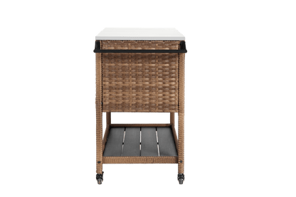 Outdoor Wicker Bar Cart, Patio Wine Serving Cart w/Wheels, Rolling Rattan Beverage Bar Counter Table with stainless steel Top for Porch Backyard Garden Poolside Party, Brown - 1st Choice Furniture Direct