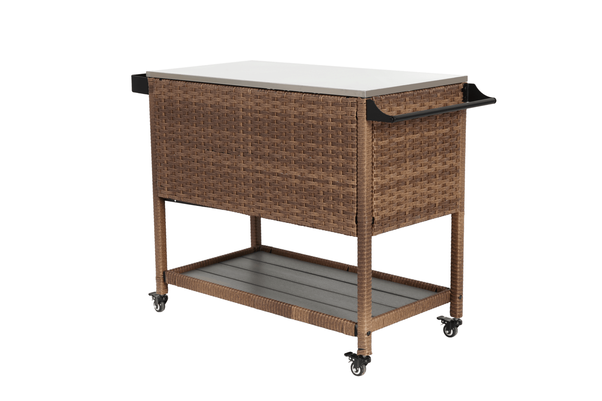 Outdoor Wicker Bar Cart, Patio Wine Serving Cart w/Wheels, Rolling Rattan Beverage Bar Counter Table with stainless steel Top for Porch Backyard Garden Poolside Party, Brown - 1st Choice Furniture Direct