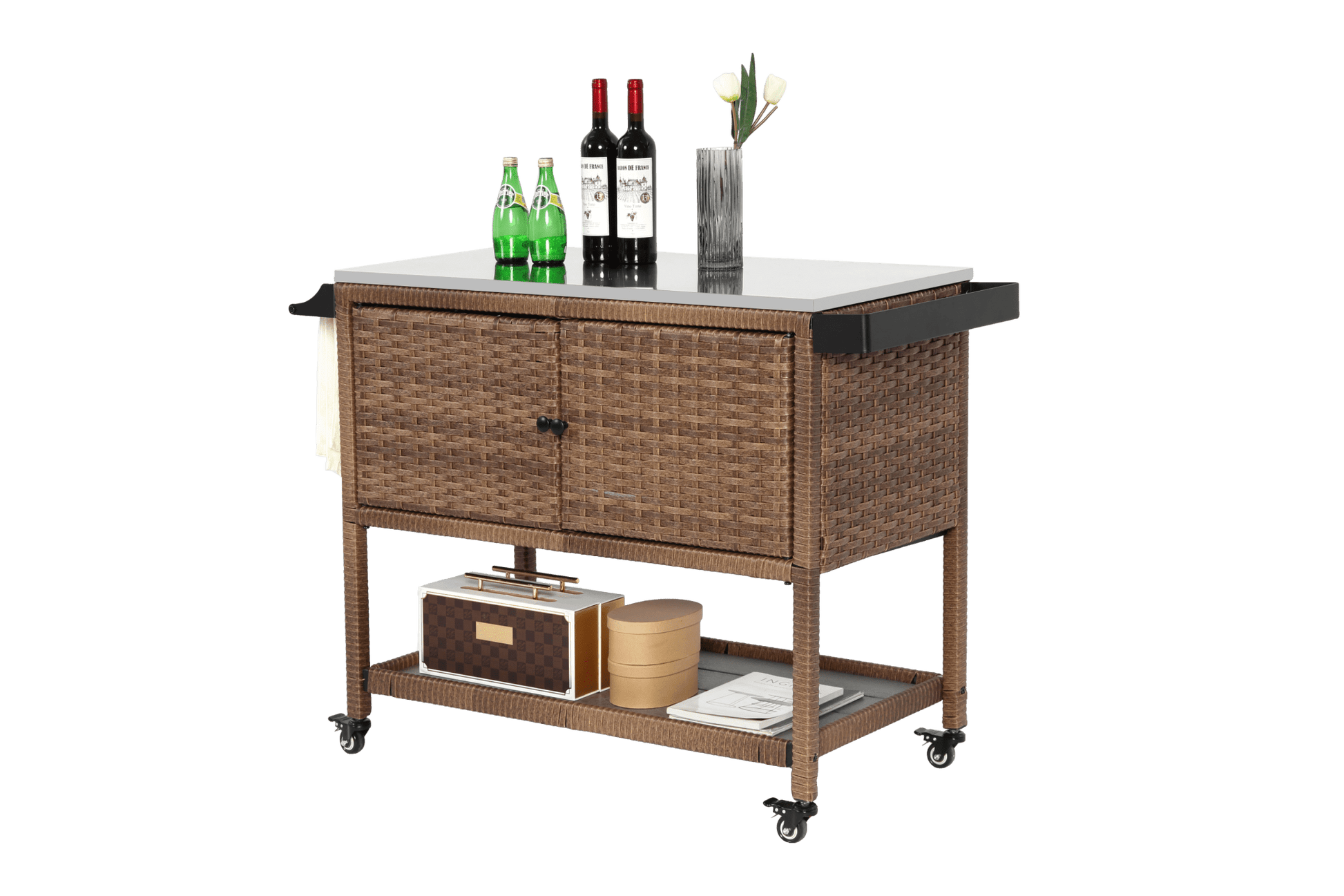 Outdoor Wicker Bar Cart, Patio Wine Serving Cart w/Wheels, Rolling Rattan Beverage Bar Counter Table with stainless steel Top for Porch Backyard Garden Poolside Party, Brown - 1st Choice Furniture Direct