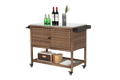 Outdoor Wicker Bar Cart, Patio Wine Serving Cart w/Wheels, Rolling Rattan Beverage Bar Counter Table with stainless steel Top for Porch Backyard Garden Poolside Party, Brown - 1st Choice Furniture Direct
