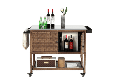 Outdoor Wicker Bar Cart, Patio Wine Serving Cart w/Wheels, Rolling Rattan Beverage Bar Counter Table with stainless steel Top for Porch Backyard Garden Poolside Party, Brown - 1st Choice Furniture Direct