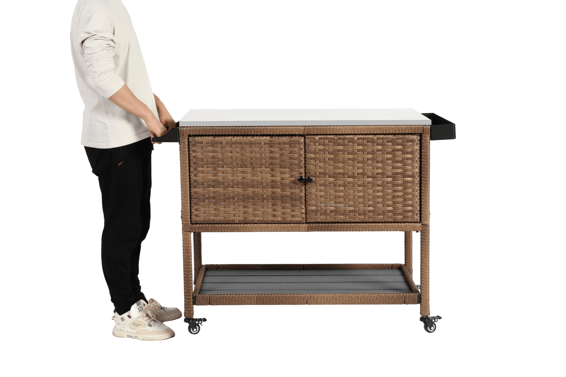 Outdoor Wicker Bar Cart, Patio Wine Serving Cart w/Wheels, Rolling Rattan Beverage Bar Counter Table with stainless steel Top for Porch Backyard Garden Poolside Party, Brown - 1st Choice Furniture Direct