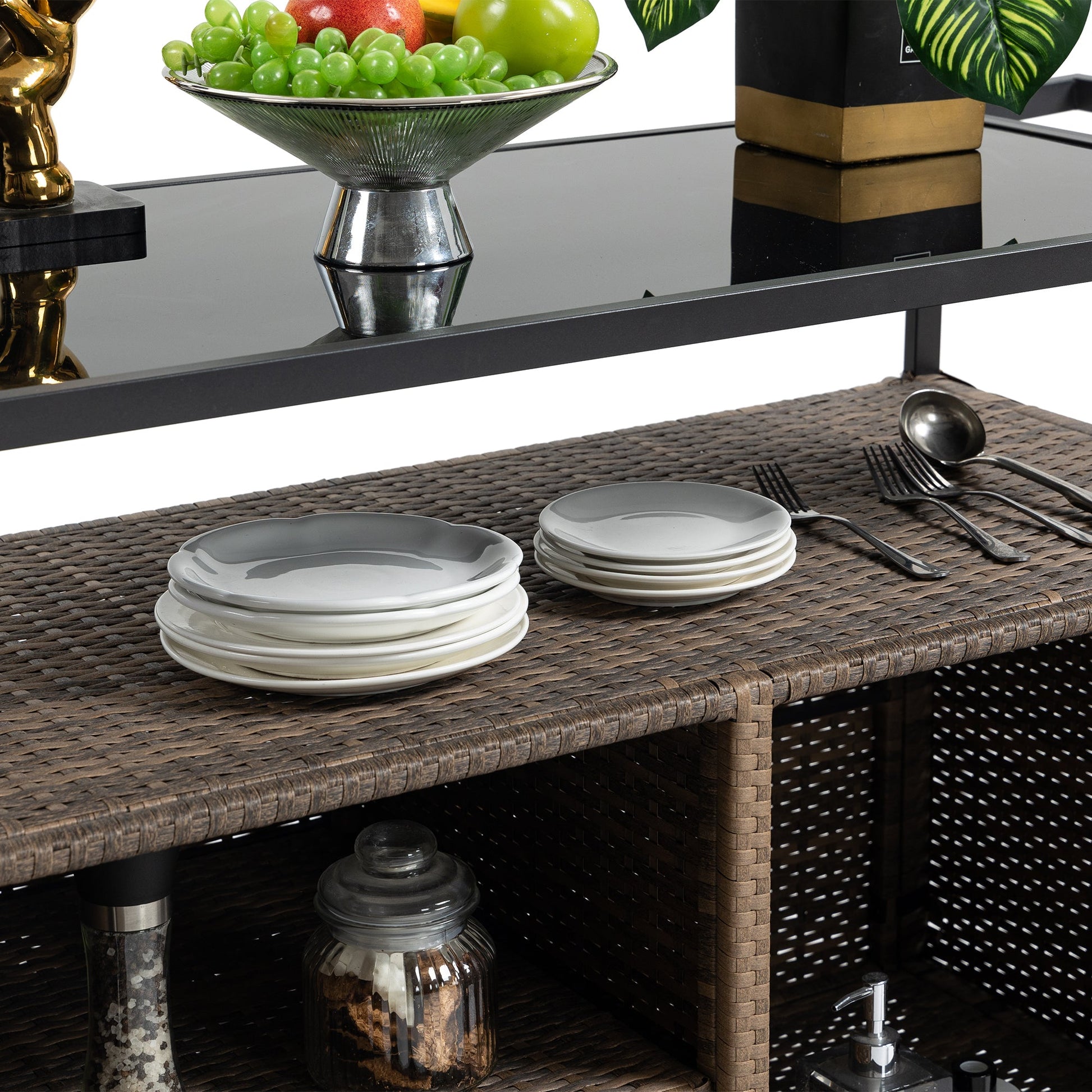 Outdoor Wicker Bar Cart with Ice Bucket & Wheels - 1st Choice Furniture Direct