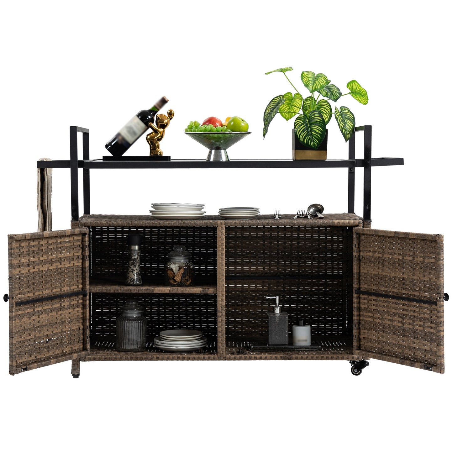 Outdoor Wicker Bar Cart with Ice Bucket & Wheels - 1st Choice Furniture Direct
