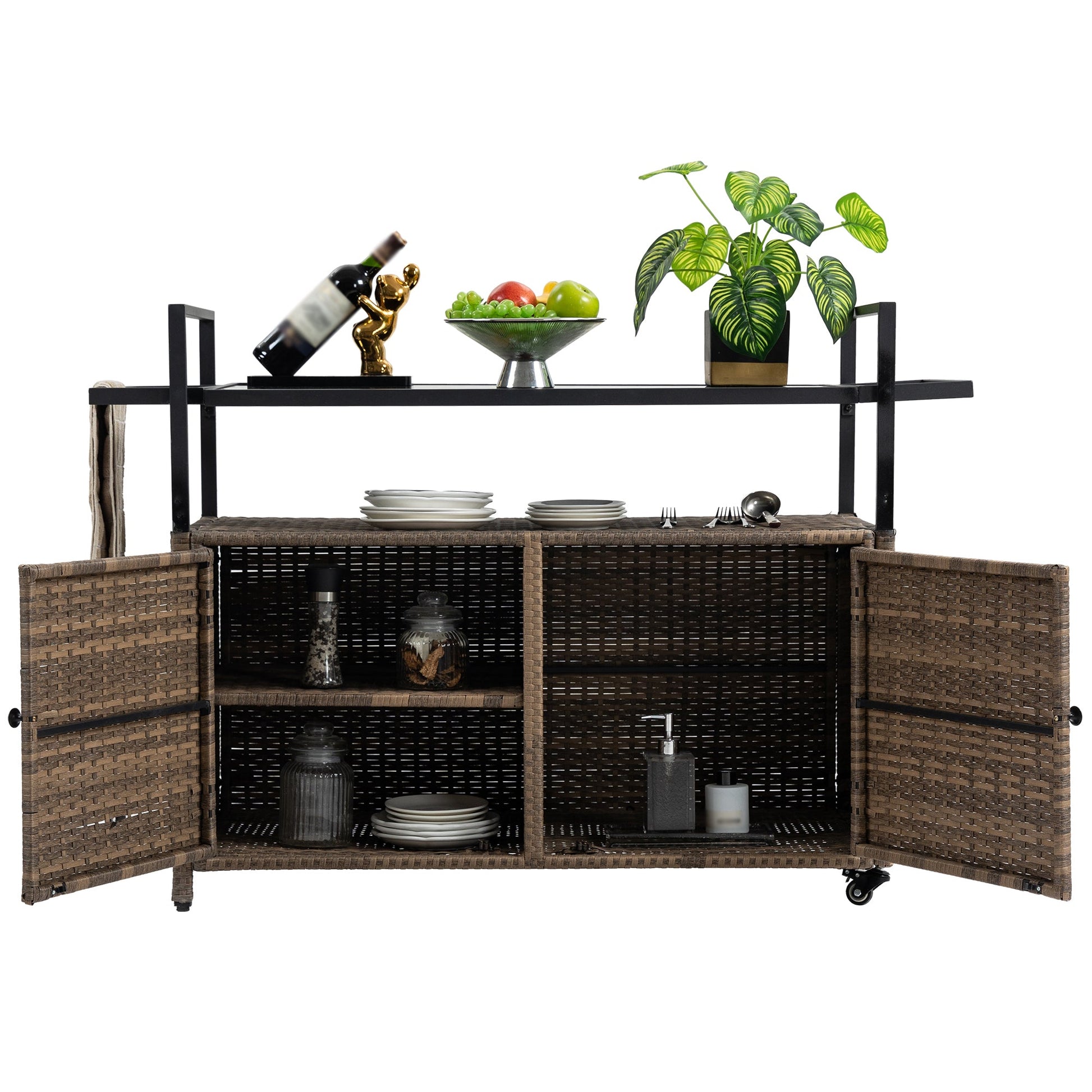 Outdoor Wicker Bar Cart with Ice Bucket & Wheels - 1st Choice Furniture Direct