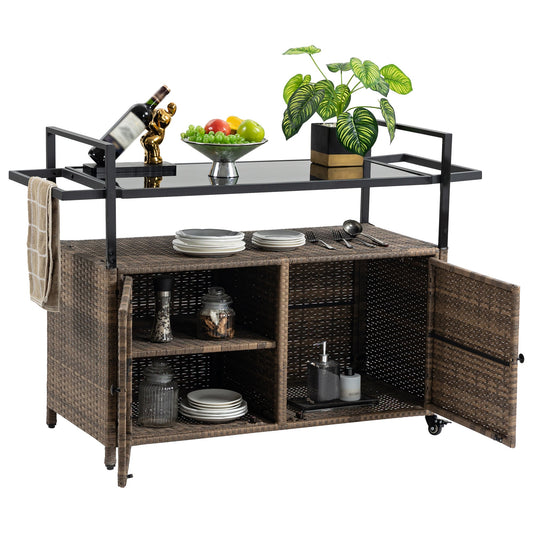 Outdoor Wicker Bar Cart with Ice Bucket & Wheels - 1st Choice Furniture Direct