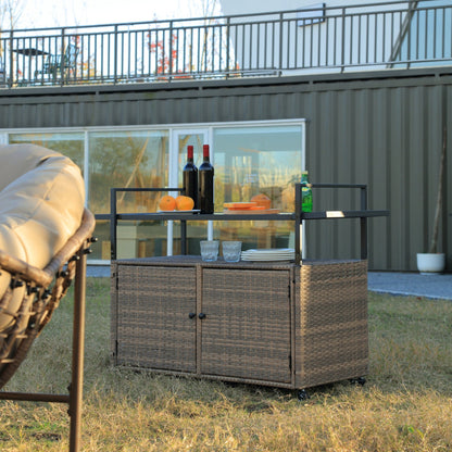 Outdoor Wicker Bar Cart with Ice Bucket & Wheels - 1st Choice Furniture Direct