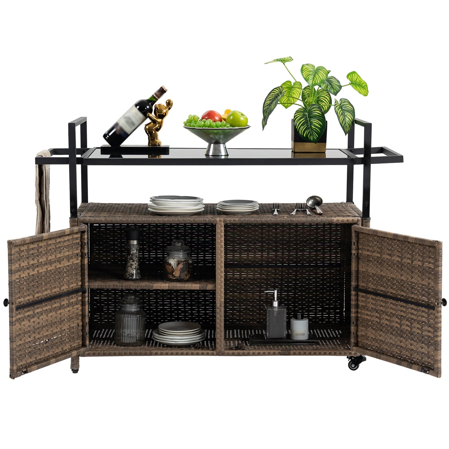Outdoor Wicker Bar Cart with Ice Bucket & Wheels - 1st Choice Furniture Direct