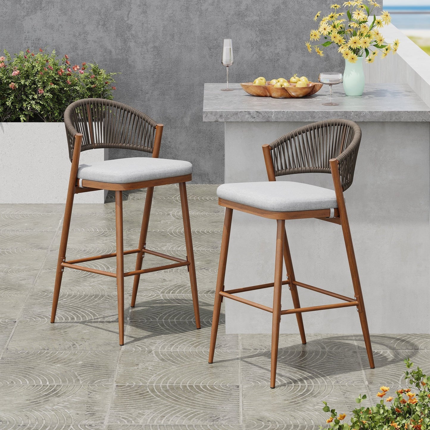 Outdoor Wicker Bar Stools Set of 2 – Teak Finish Aluminum Patio Chairs with Cushions - 1st Choice Furniture Direct