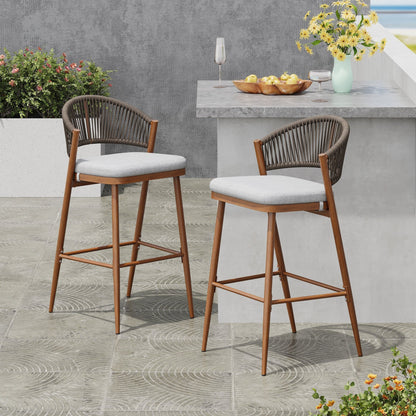 Outdoor Wicker Bar Stools Set of 2 – Teak Finish Aluminum Patio Chairs with Cushions - 1st Choice Furniture Direct