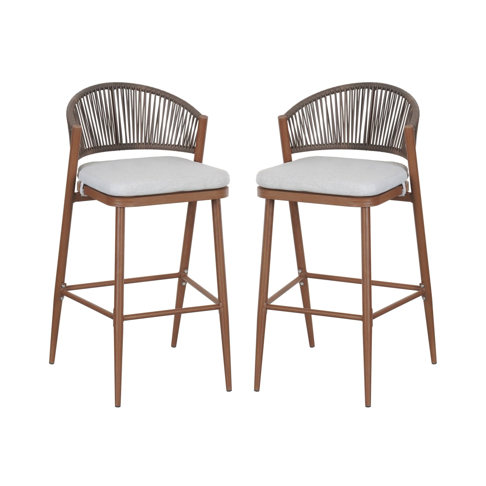 Outdoor Wicker Bar Stools Set of 2 – Teak Finish Aluminum Patio Chairs with Cushions - 1st Choice Furniture Direct