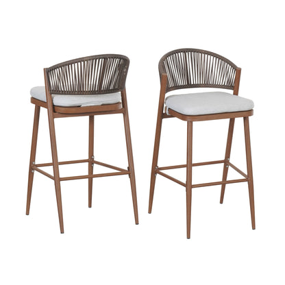 Outdoor Wicker Bar Stools Set of 2 – Teak Finish Aluminum Patio Chairs with Cushions - 1st Choice Furniture Direct