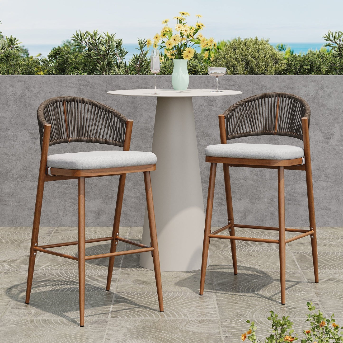 Outdoor Wicker Bar Stools Set of 2 – Teak Finish Aluminum Patio Chairs with Cushions - 1st Choice Furniture Direct
